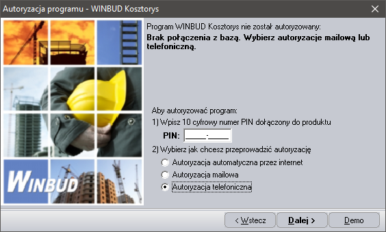 WINBUD Kosztorys autoryzacja telefoniczna