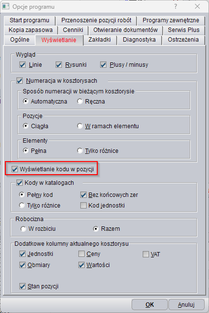 opcje - kosztorys kody pozycji