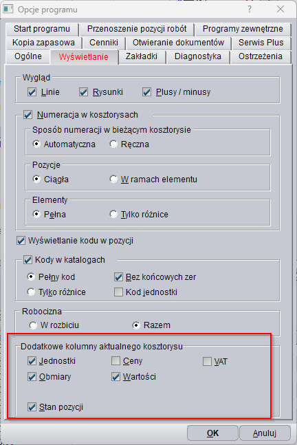 opcje wyświetlania kolumn