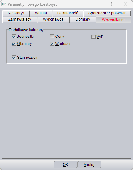 Parametry nowego kosztorysu - kolumny