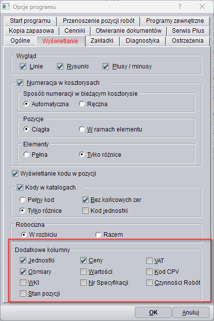 opcje wyświetlania kolumn