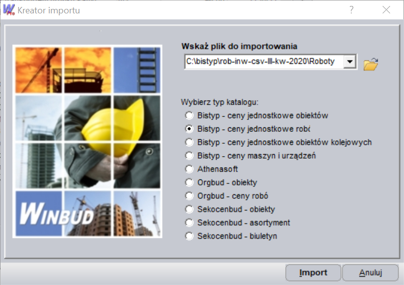 Import cen jednostkowych robót
