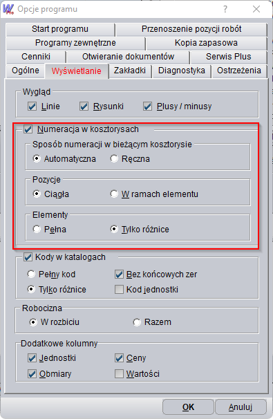 Opcje numeracji w kosztorysie